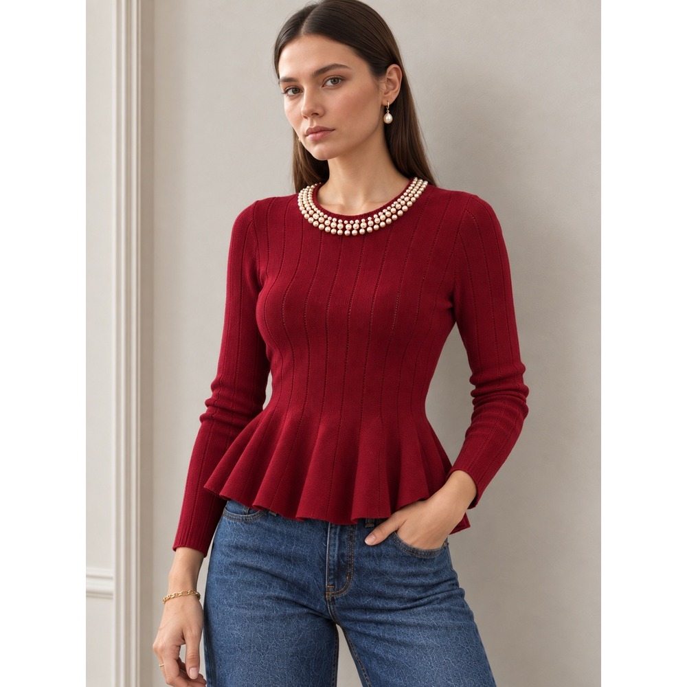 Peplum Sweater M Red Pearl Neck Ribbed Knit Dinner Party